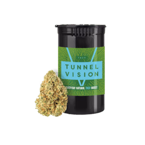 a container of marijuana and a green label